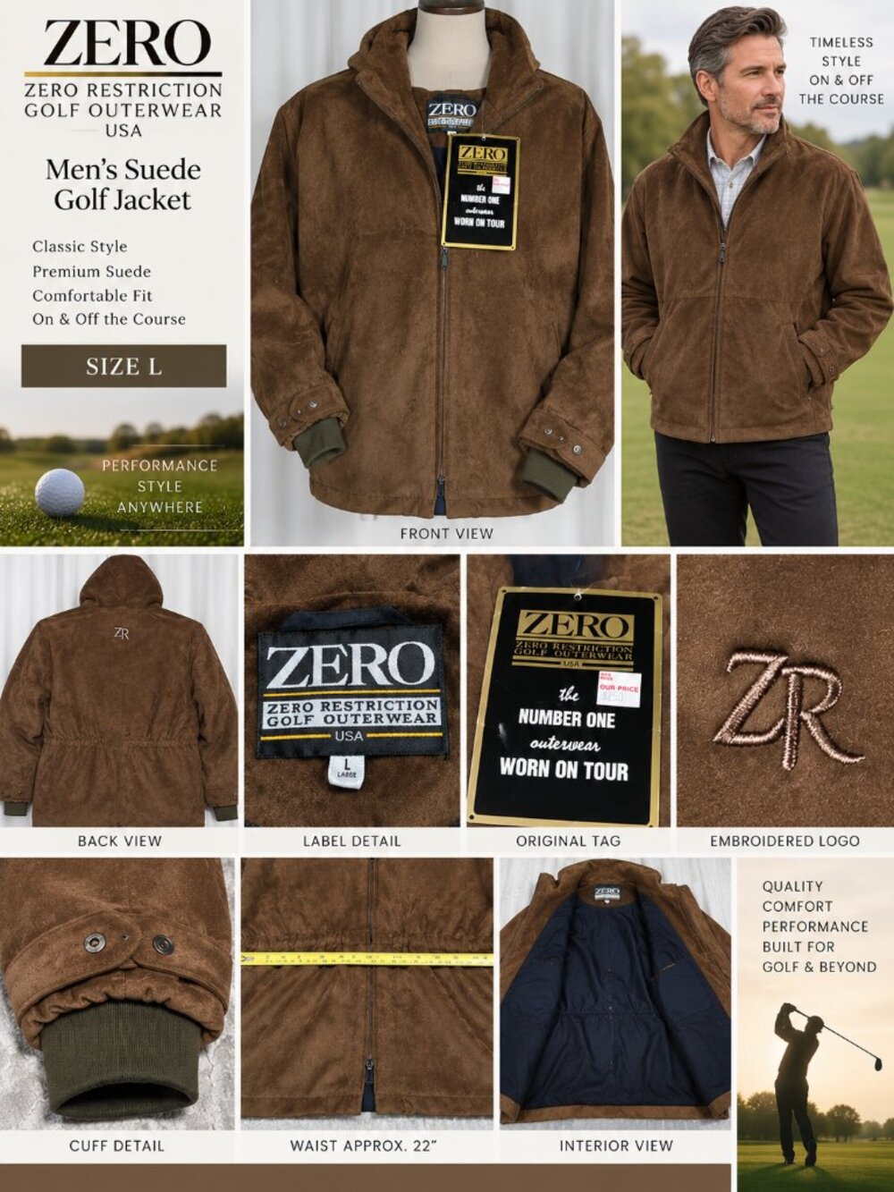 Zero Restriction Men’s Brown Suede Golf Jacket Hooded Full Zip Size L NWT